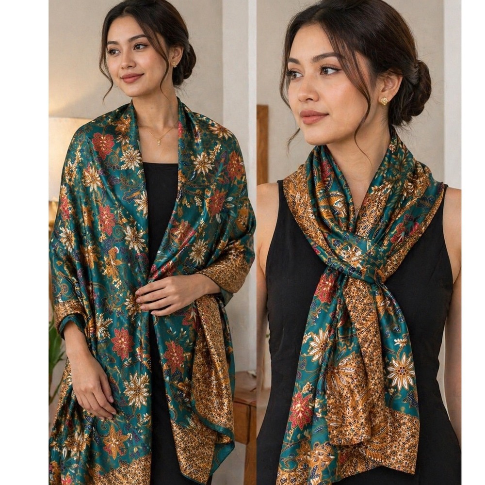 Batik Sutera Halus Women Teal Floral Silk Wrap Skirt OS Indonesian Hand Made NWO